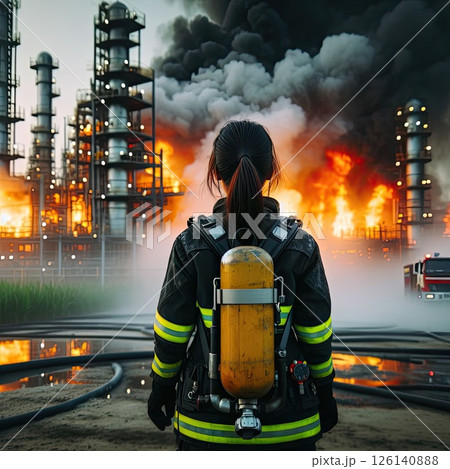 Firefighter in Blaze with Generative AI. 126140888