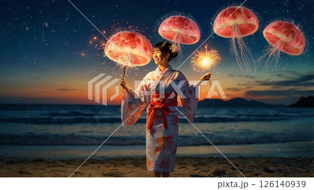 真夏の夜、潮風に包まれながら、手持ち花火の光のなかで笑い合う少女たちの一瞬のきらめきは 126140939