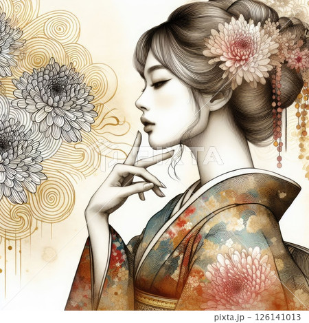 Ethereal Beauty Amidst Blooming flowers with Japanese kimono girl with Generative AI. Ethereal Beauty Amidst Blooming flowers with Japanese kimono girl with Generative AI. 126141013
