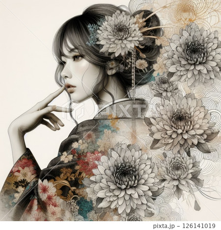 Ethereal Beauty Amidst Blooming flowers with Japanese kimono girl with Generative AI. Ethereal Beauty Amidst Blooming flowers with Japanese kimono girl with Generative AI. 126141019