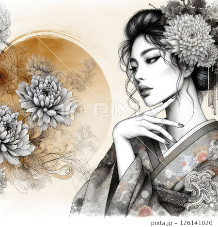 Ethereal Beauty Amidst Blooming flowers with Japanese kimono girl with Generative AI. 126141020