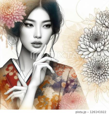 Ethereal Beauty Amidst Blooming flowers with Japanese kimono girl with Generative AI. Ethereal Beauty Amidst Blooming flowers with Japanese kimono girl with Generative AI. 126141022