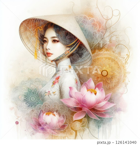 Ethereal Beauty Amidst Blooming Lotus with vietnamese girl with Generative AI. 126141040