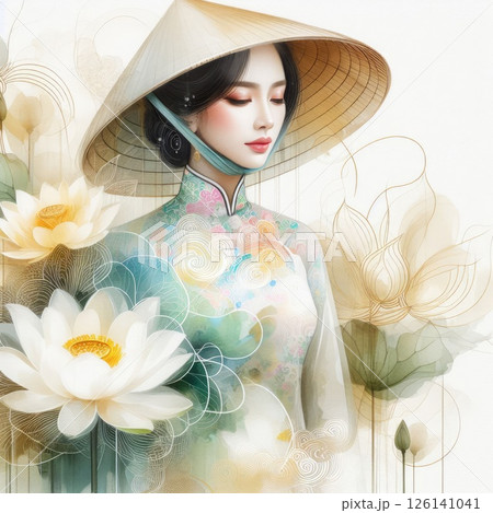 Ethereal Beauty Amidst Blooming Lotus with vietnamese girl with Generative AI. 126141041