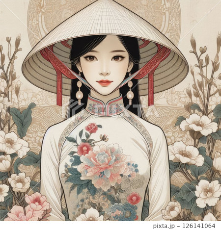 Vietnamese beauty elegant Figure Amidst a Floral Fantasy with Generative AI. Vietnamese beauty elegant Figure Amidst a Floral Fantasy with Generative AI. 126141064