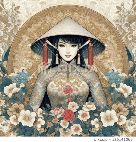 Vietnamese beauty elegant Figure Amidst a Floral Fantasy with Generative AI. 126141065
