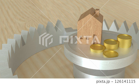 The Wood House and coins on trap for property concept 3d Rendering. 126141115