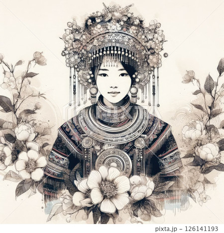 Portrait of Elegance: Traditional Chinese Miao Beauty with Generative AI. 126141193