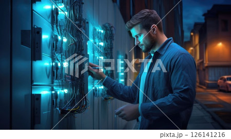 A man closely inspects an electrical outlet on a building, highlighting cutting-edge air conditioner technology in action. 126141216