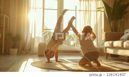 Laughter fills the air as two children master headstands in the cozy living room, their hands pressed firmly on the floor. Laughter fills the air as two children master headstands in the cozy living room, their hands pressed firmly on the floor. 126141407