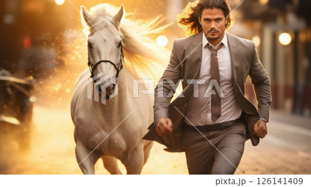 The dynamic energy of a horse and a young man sprinting through the dust captures the essence of wild, untamed spirit. The dynamic energy of a horse and a young man sprinting through the dust captures the essence of wild, untamed spirit. 126141409