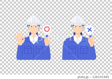 一名身穿工作服的婦女。戴著安全帽的工人用真假卡來判斷。兩組上身插圖。 126141485