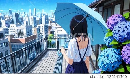 ベランダで傘をさす女性の後ろ姿 126141540