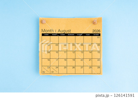 August 2026 brown calendar with wooden thumbtack on blue background. 126141591