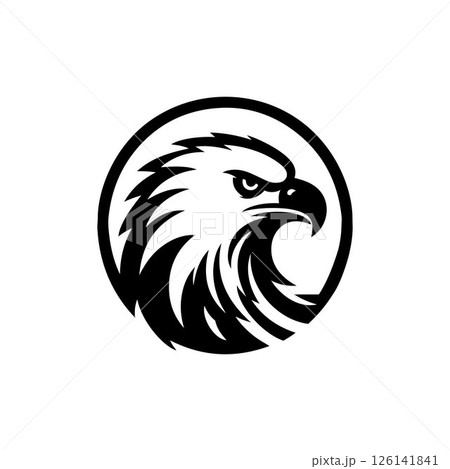 Stylized eagle head logo in a circle, bold, isolated on a white background. A stylized graphic of an eagle's head, rendered in a simple black and white design. 126141841