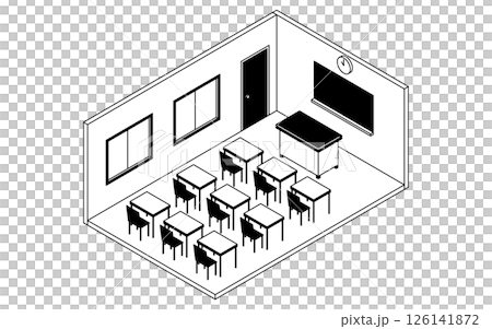 簡單可愛的等距線描插圖，描繪了一間學校教室，裡面有黑板、老師的辦公桌以及桌椅 126141872