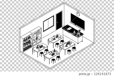 學校科學實驗室的簡單可愛的等距線繪圖例,其中排列著科學實驗設備 學校科學實驗室的簡單可愛的等距線繪圖例,其中排列著科學實驗設備 126141873