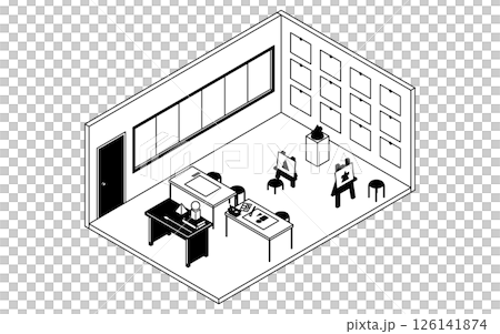 A simple and cute isometric line drawing illustration of a school art room where a geometric drawing class is held 126141874