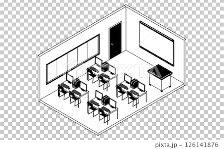 パソコンの並ぶ学校のコンピューター室のシンプルでかわいいアイソメトリック線画イラスト 126141876