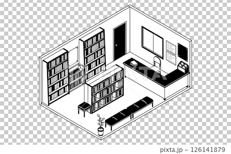 A simple and cute isometric line drawing illustration of a school library with bookshelves 126141879