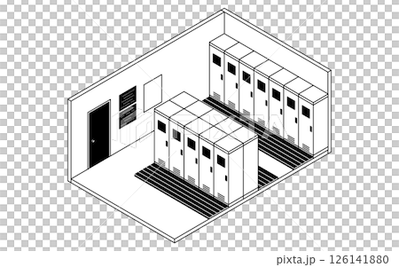 ロッカーが並ぶ学校の更衣室のシンプルでかわいいアイソメトリック線画イラスト 126141880
