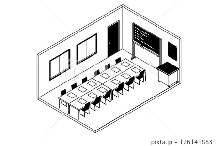 ホワイトボードと会議机が並ぶ学校の会議室のシンプルでかわいいアイソメトリック線画イラスト 126141883