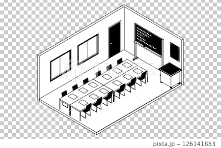 ホワイトボードと会議机が並ぶ学校の会議室のシンプルでかわいいアイソメトリック線画イラスト 126141883