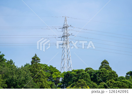 送電鉄塔、鉄塔、送電線、高圧電線、インフラ、空と森、人工構造物、風景、日本のインフラ、電力設備、郊外 送電鉄塔、鉄塔、送電線、高圧電線、インフラ、空と森、人工構造物、風景、日本のインフラ、電力設備、郊外 126142091