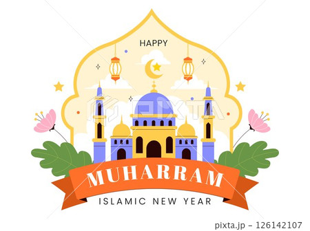Happy 1 Muharram Vector Illustration of Celebrating the Islamic New Year with Mosque, Crescent Moon, and Lantern in a Flat Style Cartoon Background 126142107