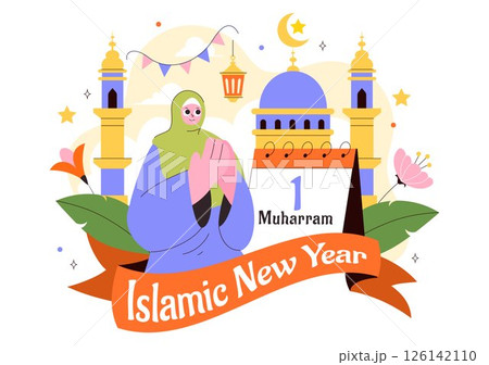 Happy 1 Muharram Vector Illustration of Celebrating the Islamic New Year with Mosque, Crescent Moon, and Lantern in a Flat Style Cartoon Background 126142110