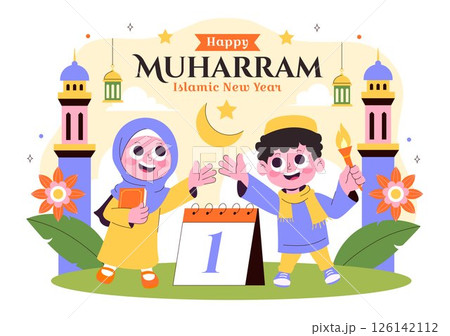 Happy 1 Muharram Vector Illustration of Celebrating the Islamic New Year with Mosque, Crescent Moon, and Lantern in a Flat Style Cartoon Background Happy 1 Muharram Vector Illustration of Celebrating the Islamic New Year with Mosque, Crescent Moon, and Lantern in a Flat Style Cartoon Background 126142112