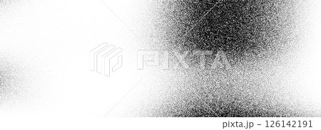 Stippled grain texture background. Black sprayed dot gradient wallpaper. Rough noisy sand dotted backdrop. Vector gritty rubbed distressed speckle and grit particle overlay for poster, flyer, banner 126142191