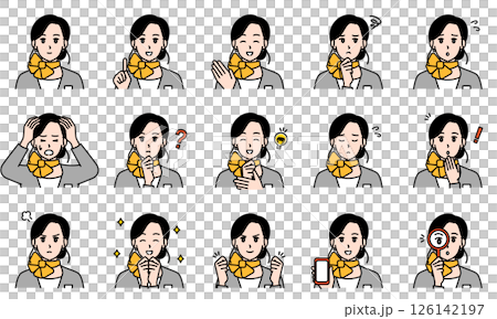 穿著制服的女人透過臉部表情和姿勢表達情緒的插圖集 126142197