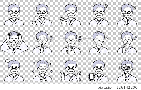 Illustration set of casual elderly women expressing emotions through facial expressions and poses 126142200