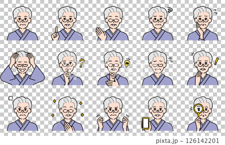 Illustration set of casual elderly women expressing emotions through facial expressions and poses 126142201