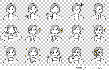 一群休閒老年婦女透過臉部表情和姿勢表達情緒的插圖 126142202