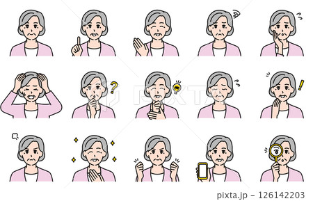 表情とポーズで感情を表すカジュアルな高齢女性のイラストセット 126142203