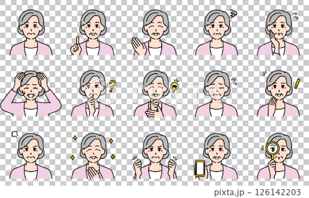表情とポーズで感情を表すカジュアルな高齢女性のイラストセット 126142203