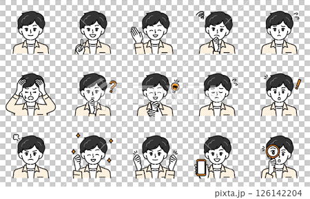 一組休閒小學生用臉部表情和姿勢表達情感的插圖 一組休閒小學生用臉部表情和姿勢表達情感的插圖 126142204