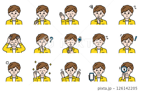 表情とポーズで感情を表すカジュアルな小学生の男の子のイラストセット 表情とポーズで感情を表すカジュアルな小学生の男の子のイラストセット 126142205