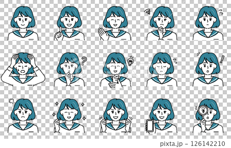 一組休閒的國中女生用臉部表情和姿勢表達情感的插圖 一組休閒的國中女生用臉部表情和姿勢表達情感的插圖 126142210