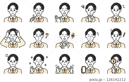 表情とポーズで感情を表すカジュアルな高校生の男の子のイラストセット 表情とポーズで感情を表すカジュアルな高校生の男の子のイラストセット 126142212