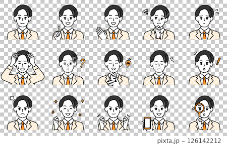 表情とポーズで感情を表すカジュアルな高校生の男の子のイラストセット 表情とポーズで感情を表すカジュアルな高校生の男の子のイラストセット 126142212