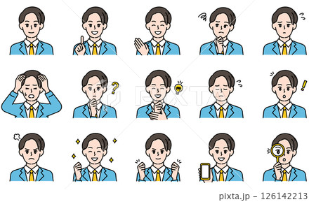 表情とポーズで感情を表すカジュアルな高校生の男の子のイラストセット 126142213