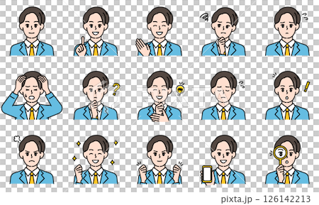 表情とポーズで感情を表すカジュアルな高校生の男の子のイラストセット 126142213