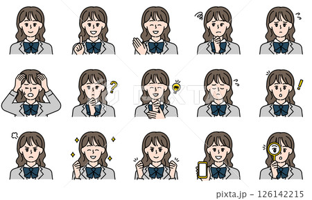 表情とポーズで感情を表すカジュアルな高校生の女の子のイラストセット 126142215