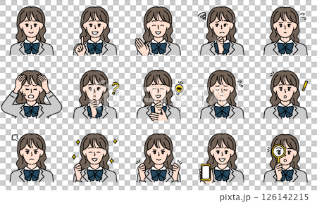 表情とポーズで感情を表すカジュアルな高校生の女の子のイラストセット 126142215