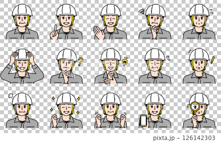 Illustration set of a man wearing work clothes and a helmet expressing emotions with facial expressions and poses 126142303