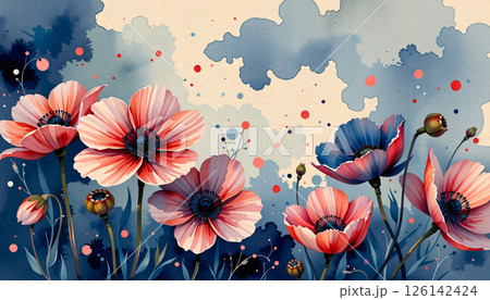 A charming watercolor vignette of anemones, in an intimate watercolor style 126142424