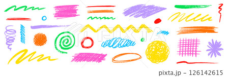 Crayon pencil scribble chalk texture brush stroke element set. Hand drawn crayon pencil brush stroke texture line color shape. Children chalk scratch hand drawn style. Vector 126142615